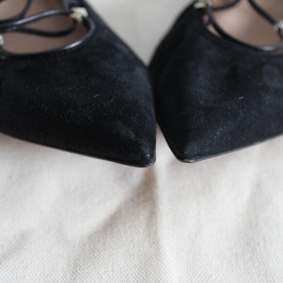 Valentino Black Suede Gold Rockstud Lace Up Ankle-Wrap Pointed Ballet Flat - Picture 2 of 10